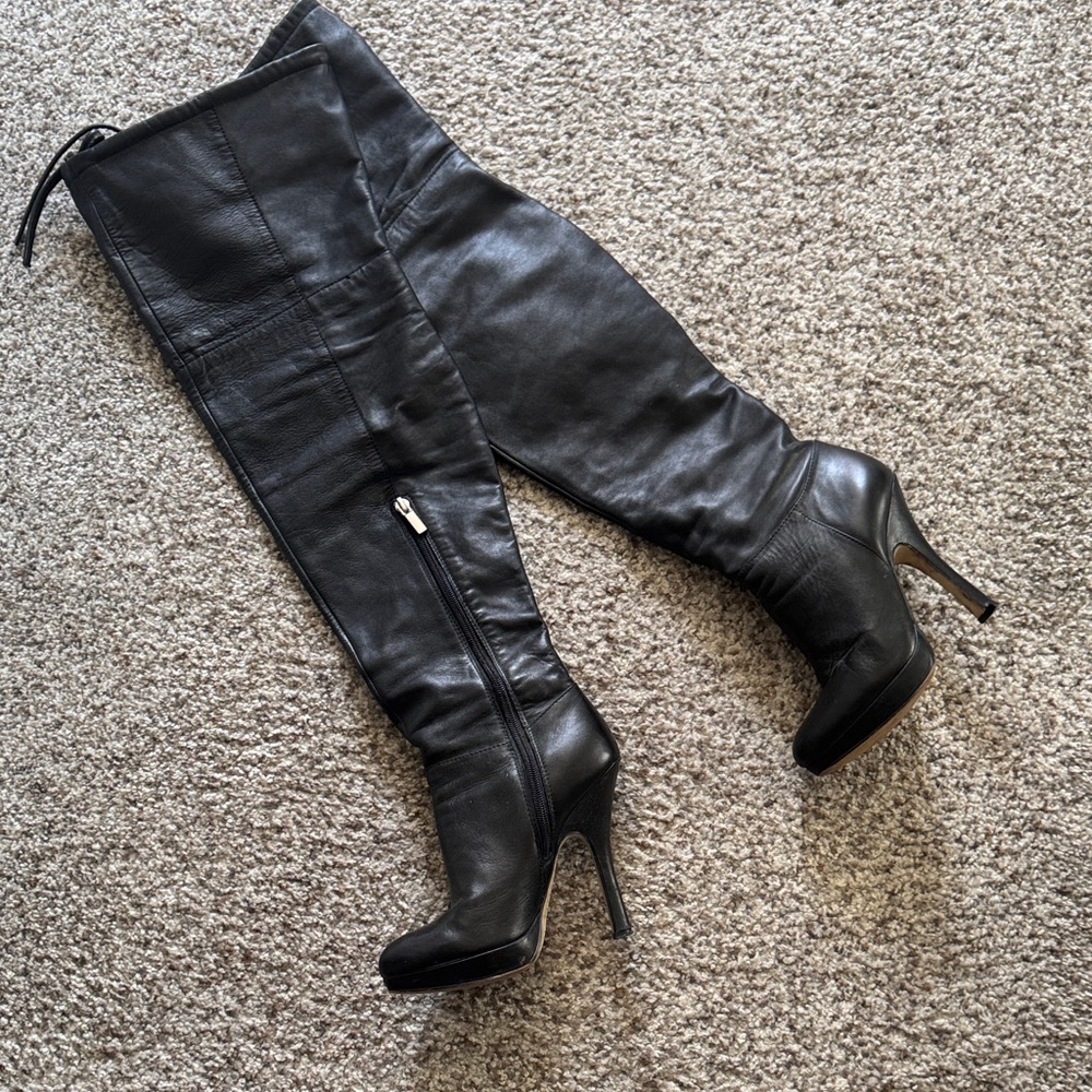 Black Leather Thigh-High Boots